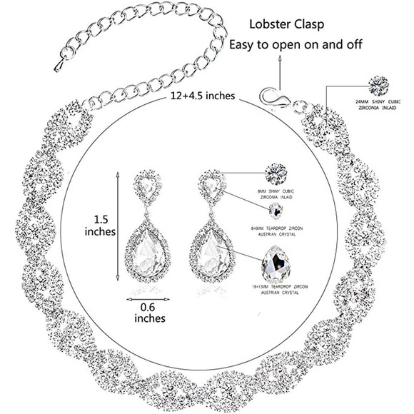 Sliver Crystal Necklace Set CZ Cubic Rhinestone Necklace Bracelet Earrings Set - Picture 4 of 4